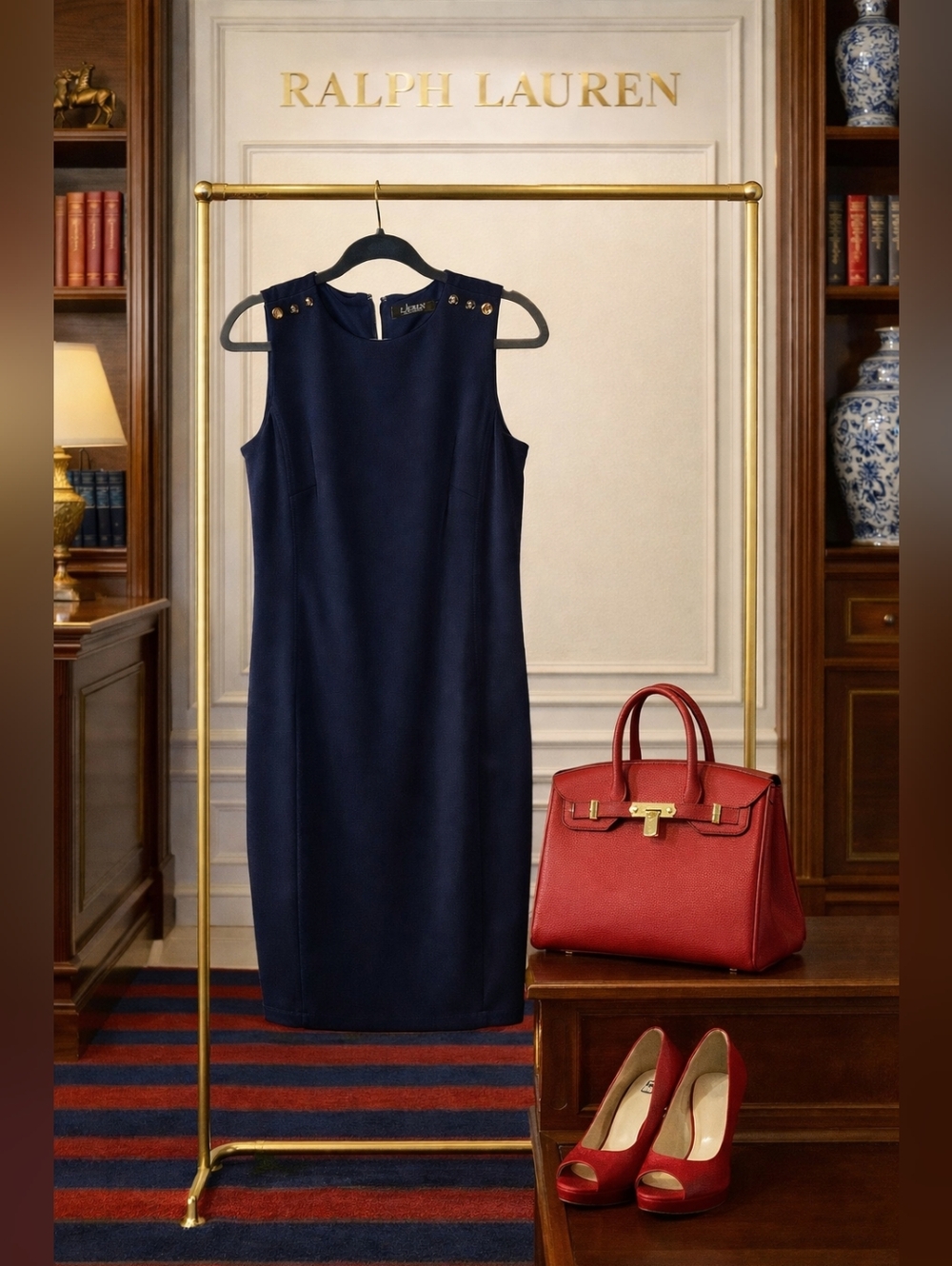 Ralph Lauren Navy Sleeveless Midi Dress with Metal Silver Monogram Buttons 4